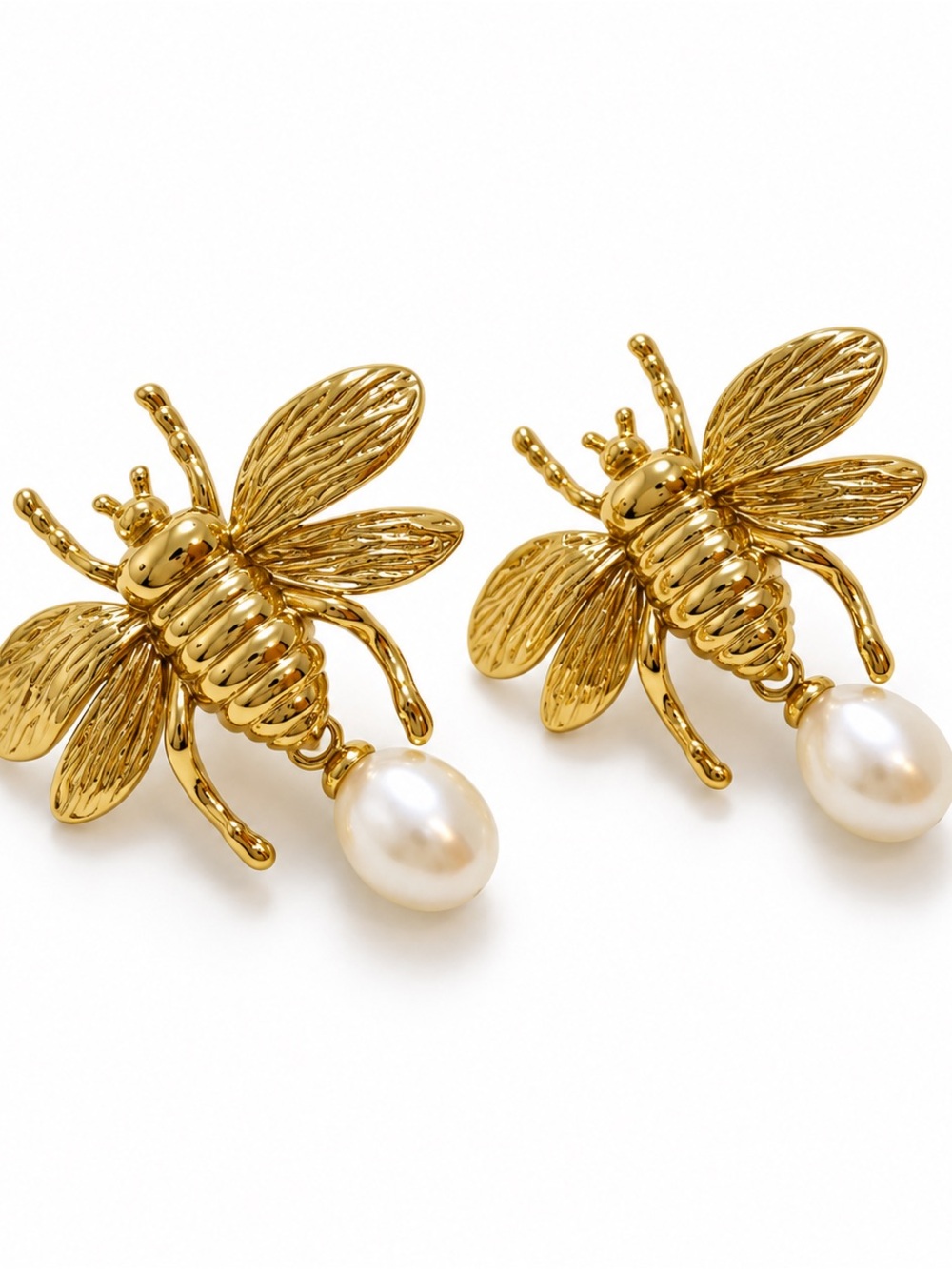 Gold Bee Pearl Drop Earrings - Women Jewelry